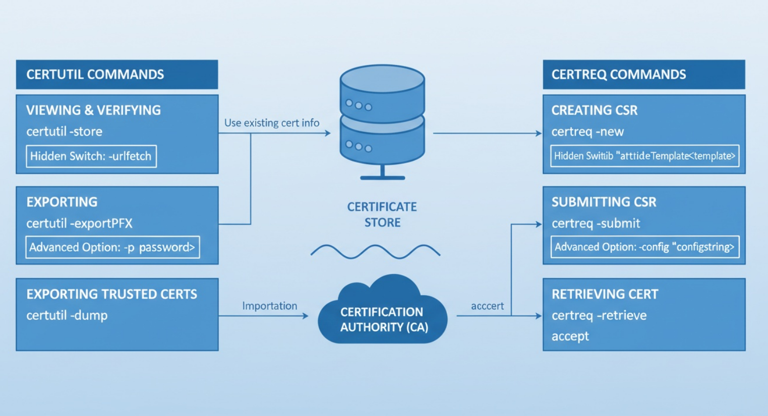 Workflow diagram showing Certutil and Certreq commands with hidden switches and options highlighted between the two tools