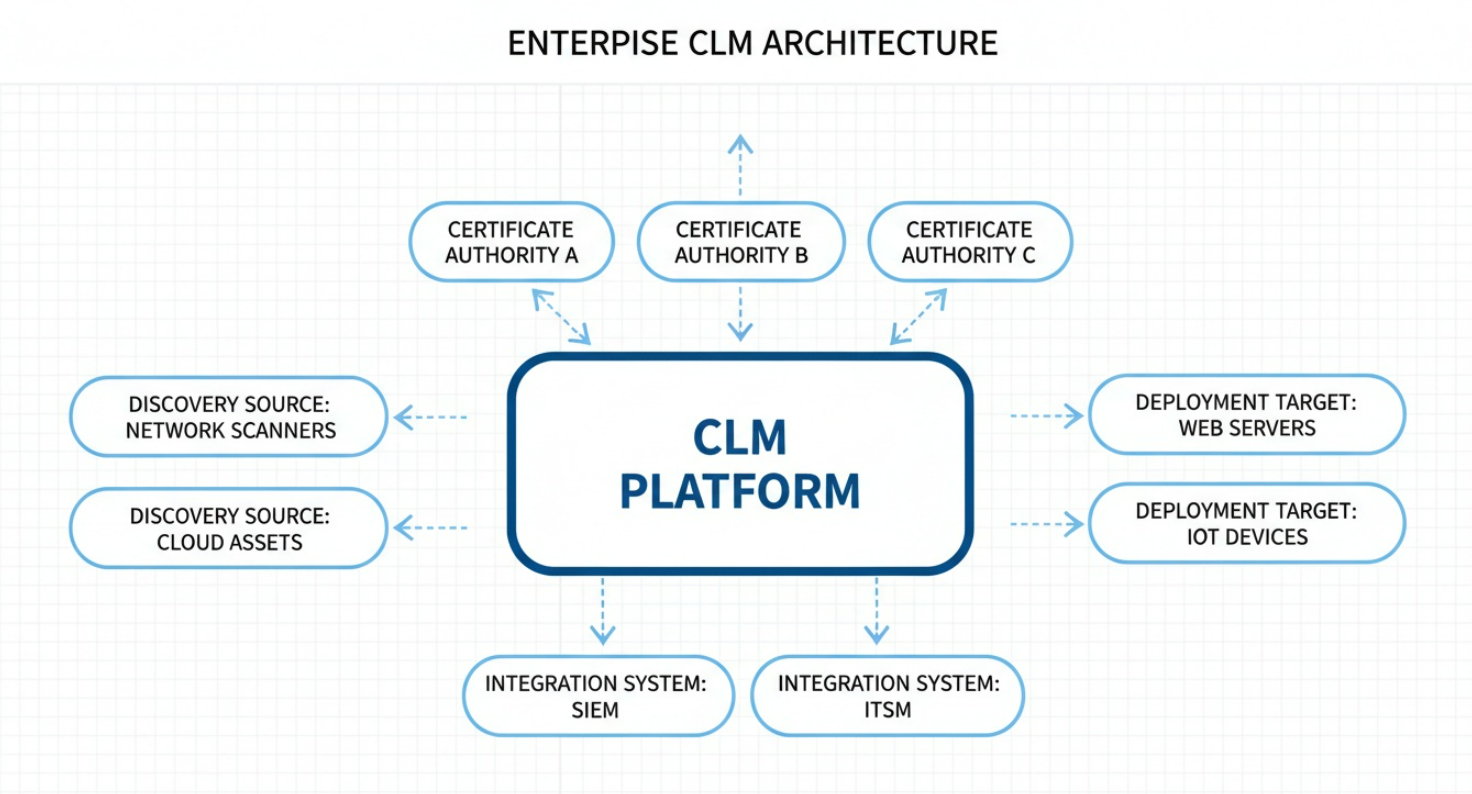 CLM integration architecture showing connections between certificate platforms, CAs, deployment targets, and monitoring systems