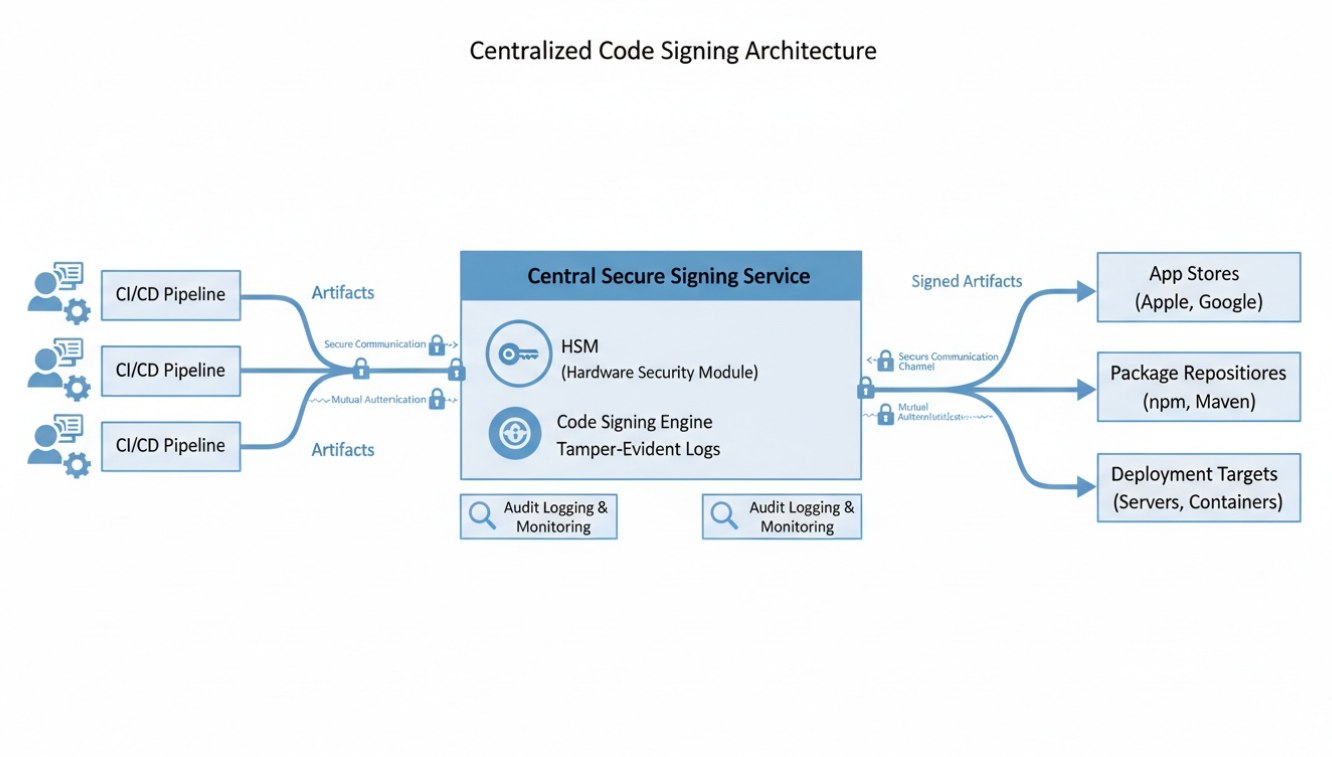 Diagram of a centralized code signing workflow from developers and CI pipelines to secure signing and artifact distribution