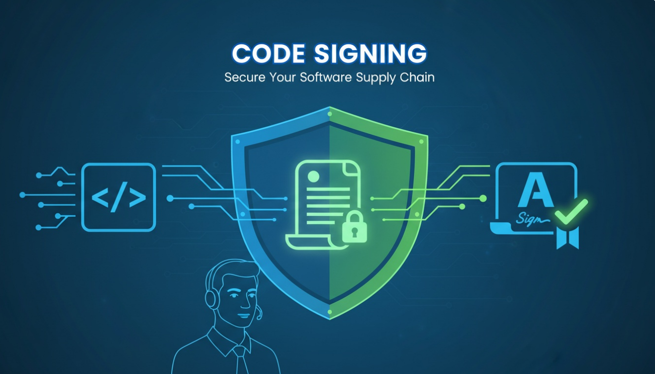 Title banner showing code signing with secure code, digital certificates, and verification icons