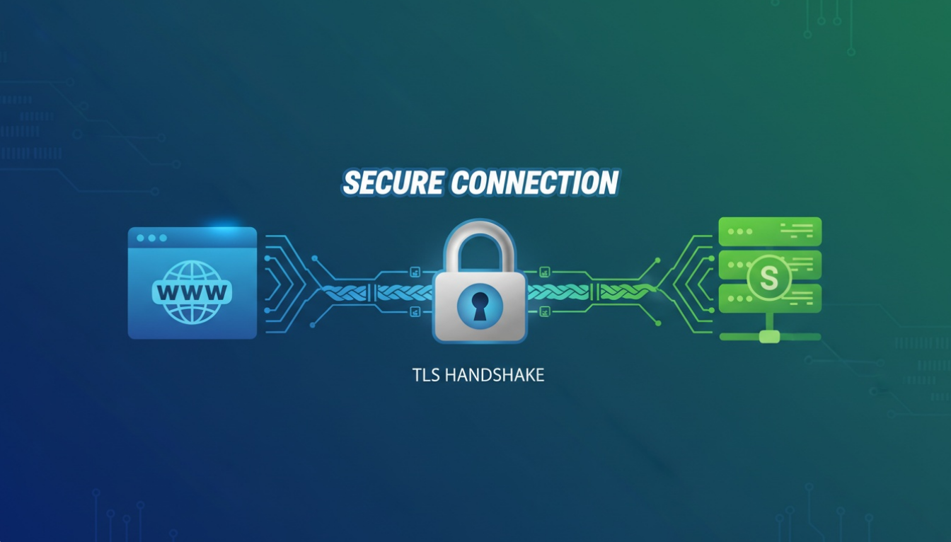 Title banner showing a secure TLS handshake between a browser and a server