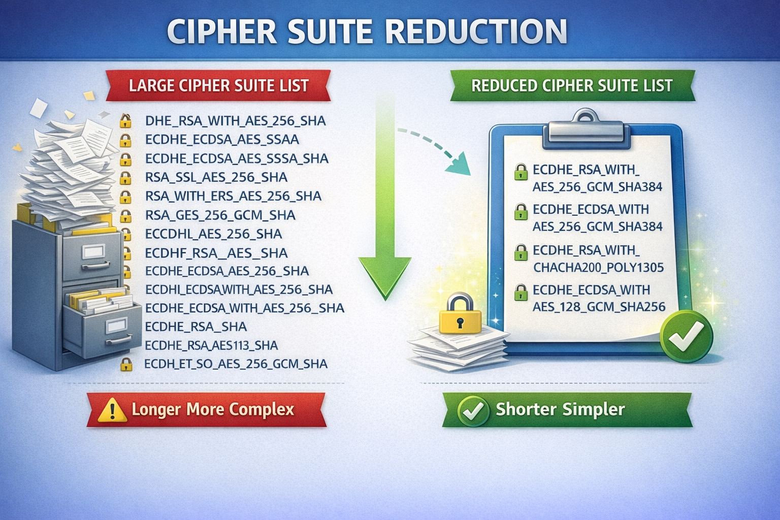 Cipher suite simplification: From 37+ options to 5 vetted AEAD-only suites