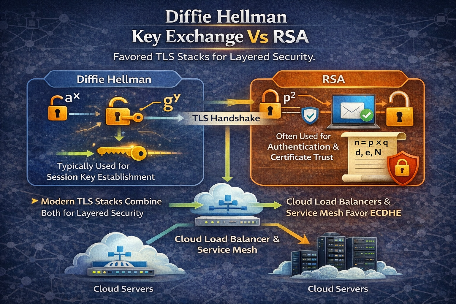 Architectural workflow showing Diffie-Hellman and RSA in TLS