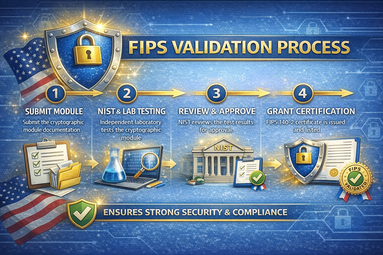 CMVP cryptographic module validation process workflow showing testing phases and timeline