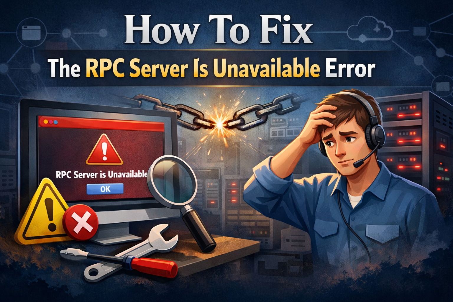 Blog banner showing an RPC Server Is Unavailable error, warning icons, and an IT technician troubleshooting the issue